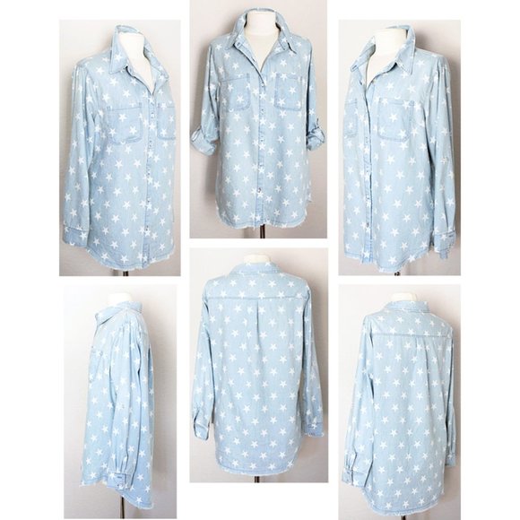 Light Blue Stars Cotton Fray Hem Button Up Shirt - Picture 7 of 8